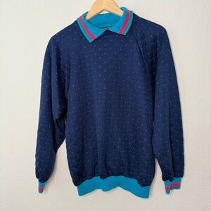 Vintage Gitano Navy Collared Sweatshirt with Teal and Pink Accents